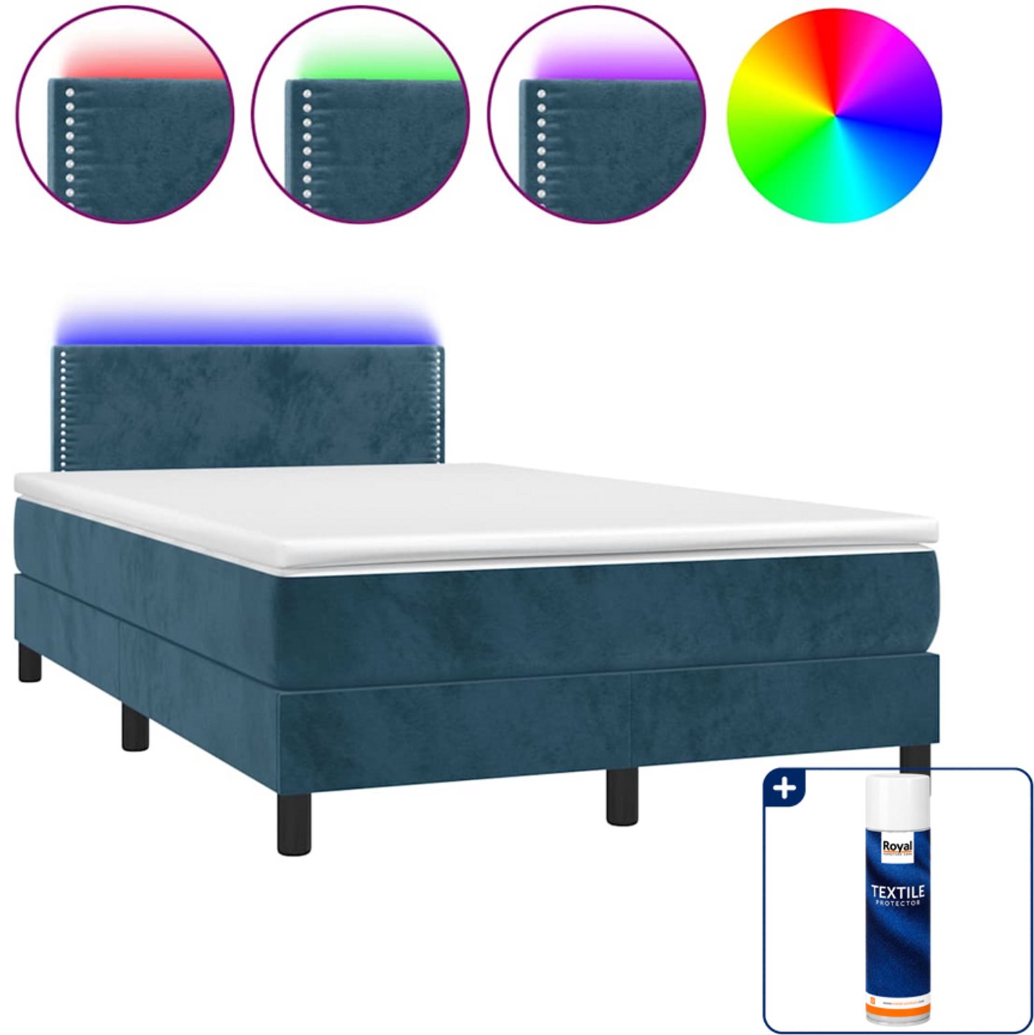 vidaXL boxspring met matras en led - 120 x 200 cm - fluweel - donkerblauw - Inclusief textielbeschermer 500 ml