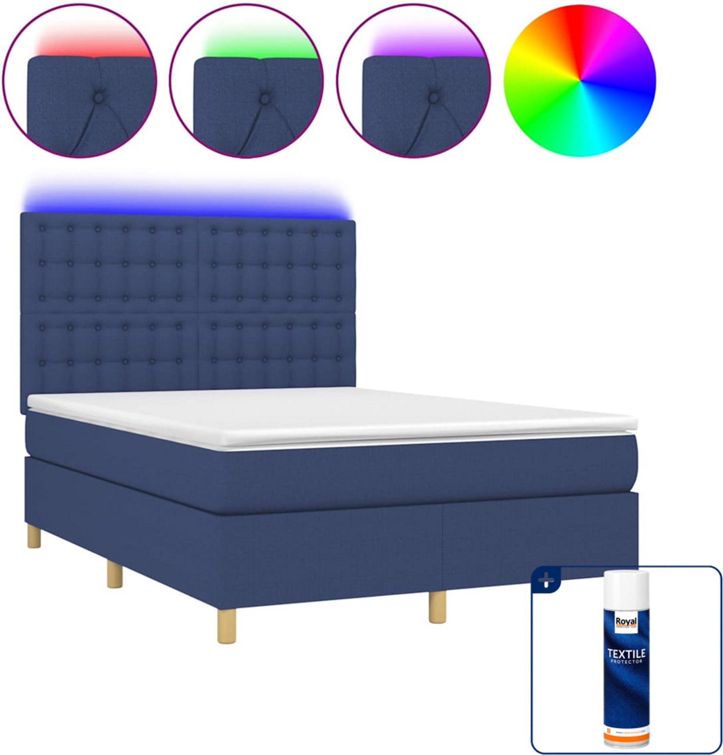 vidaXL boxspring met matras en LED - 140 x 190 cm - blauw - Inclusief textielbeschermer 500 ml