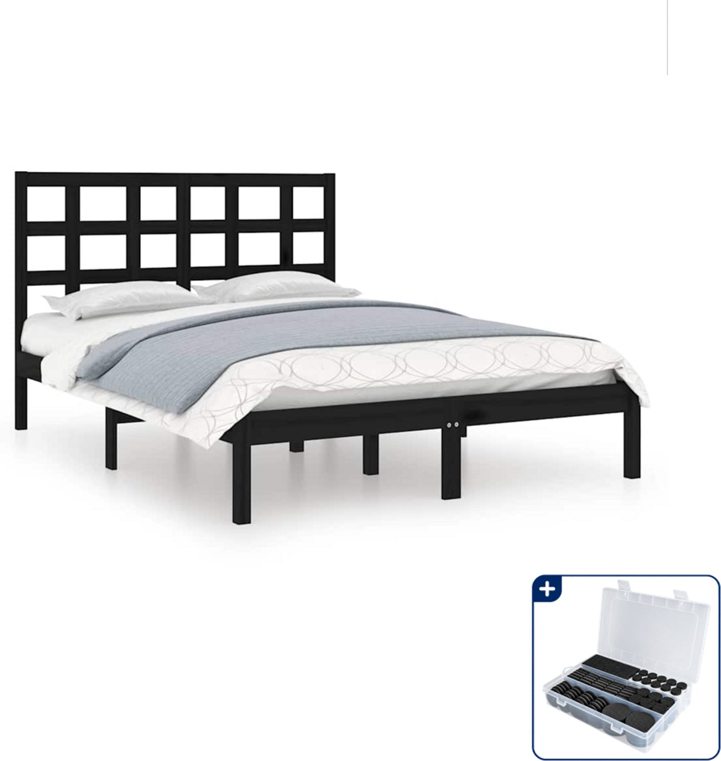 vidaXL bedframe 140 x 190 cm - massief grenenhout - zwart - Inclusief antikrasvilt 177-delig