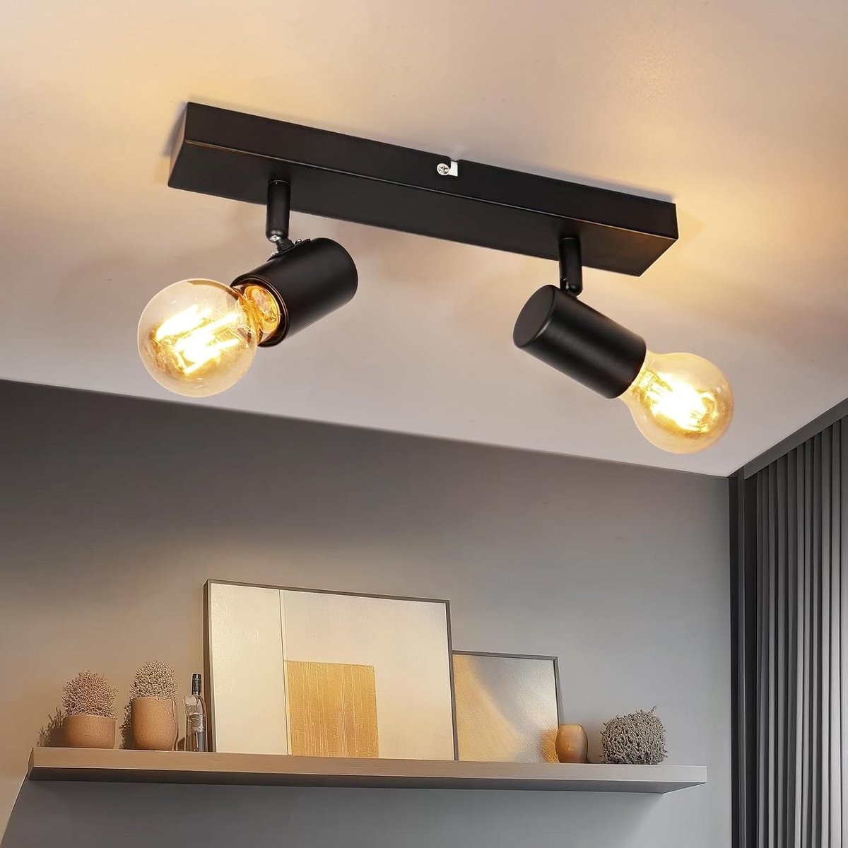 Verstelbare Zwarte Plafondspot E27 - LED Spotverlichting voor Slaapkamer, Woonkamer en Keuken - Retro Design met 2 Vlammen