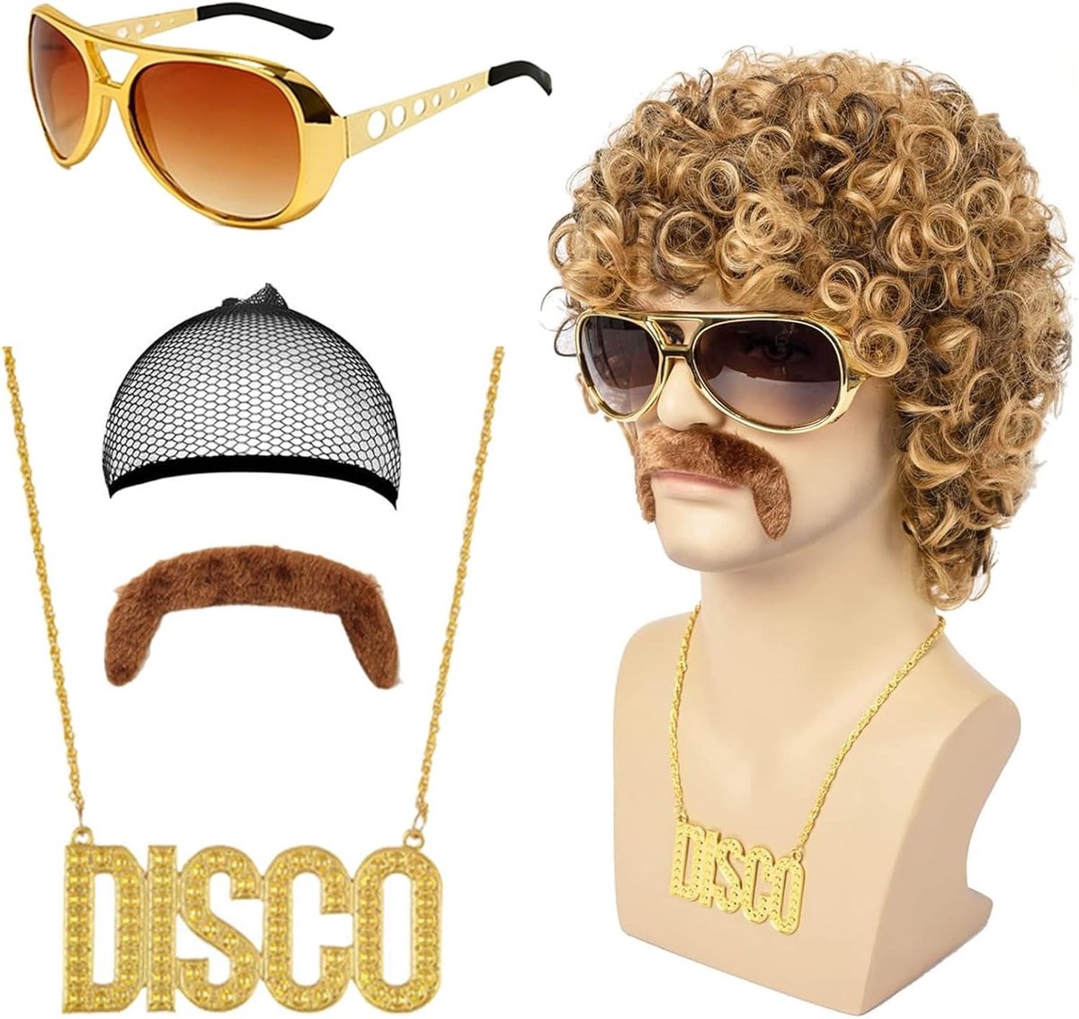 Set van 5 heren pruiken met ketting, baard en bril voor 70s en 80s disco kostuum, carnaval, cosplay en festivals