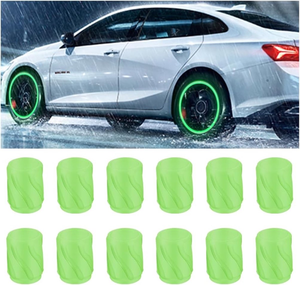 Set van 12 Fluorescerende Ventieldoppen voor Auto's, Trucks, SUV's en Fietsen - Luminous Tire Valve Caps in Groen voor Verbeterde Zichtbaarheid en Veiligheid