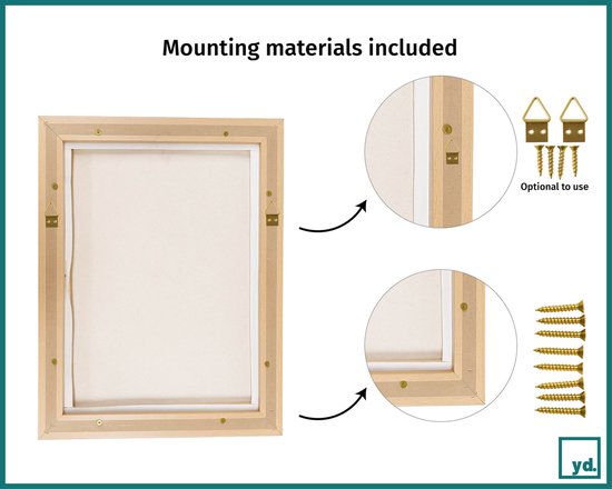 Achterkant van een baklijst van 70x90 cm met montagemateriaal: haken en schroeven. Tekst: "Mounting materials included".