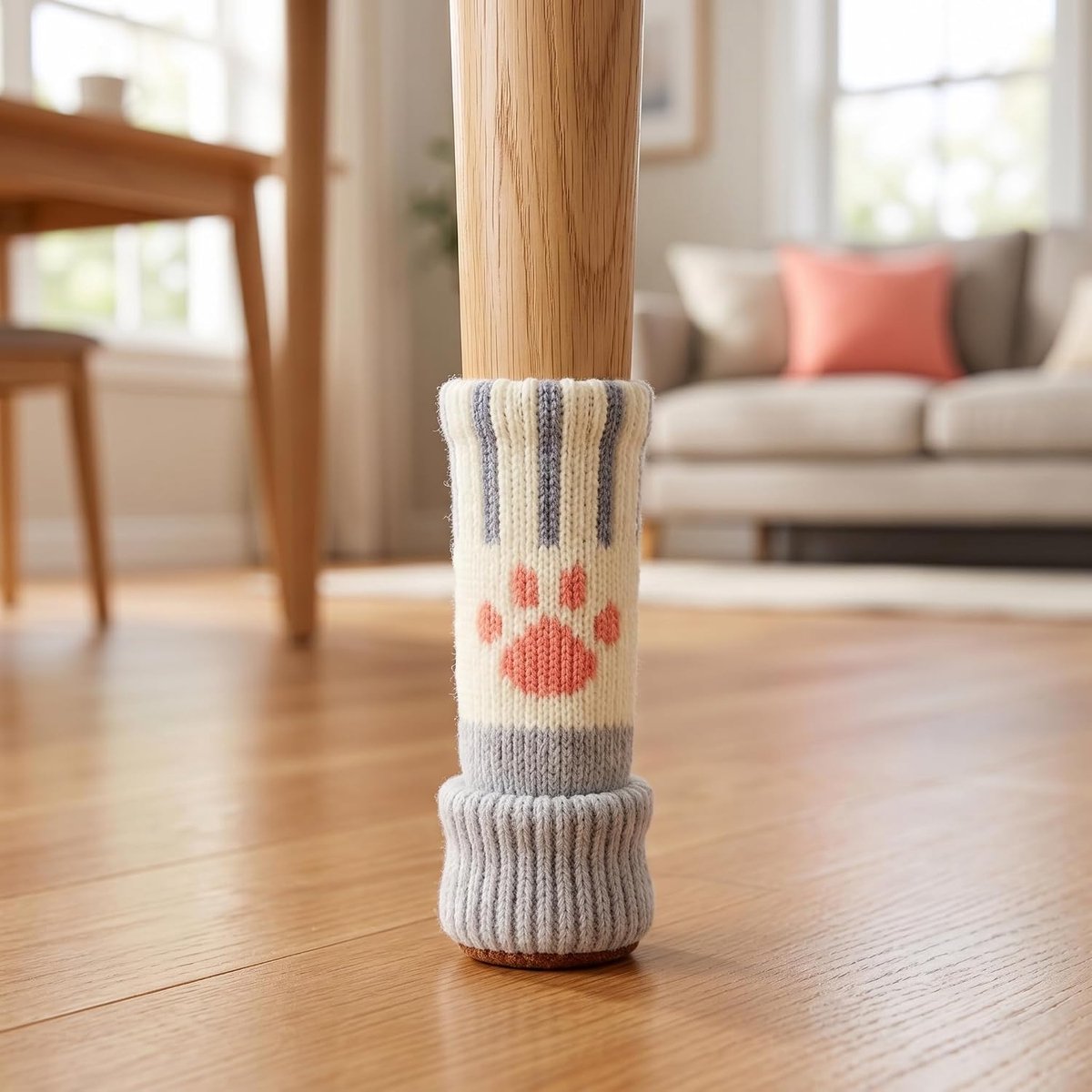 Set van 8 stoelpootbeschermers in de vorm van kattenpootjes – antislip gebreide beschermers voor meubelpoten; geschikt voor houten vloeren; krasbestendig en geluidsdempend (grijze strepen)