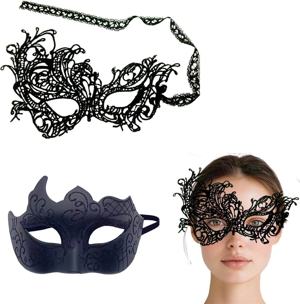 Set van 2 Zwarte Leren Carnaval Maskers voor Gemakkelijke Draagbaarheid, Perfect voor Maskerballen, Feesten en Cosplay