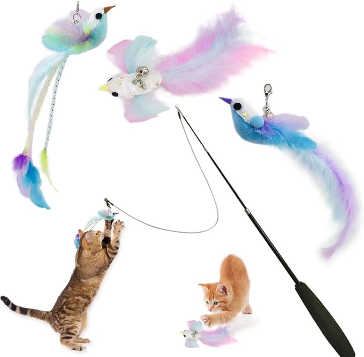 3 vervangbare kattenhengelspeelgoed, vogels in verschillende vormen, met bel uitgeruste kattenveer speelgoed en een telescopische hengel - perfect voor katten om te