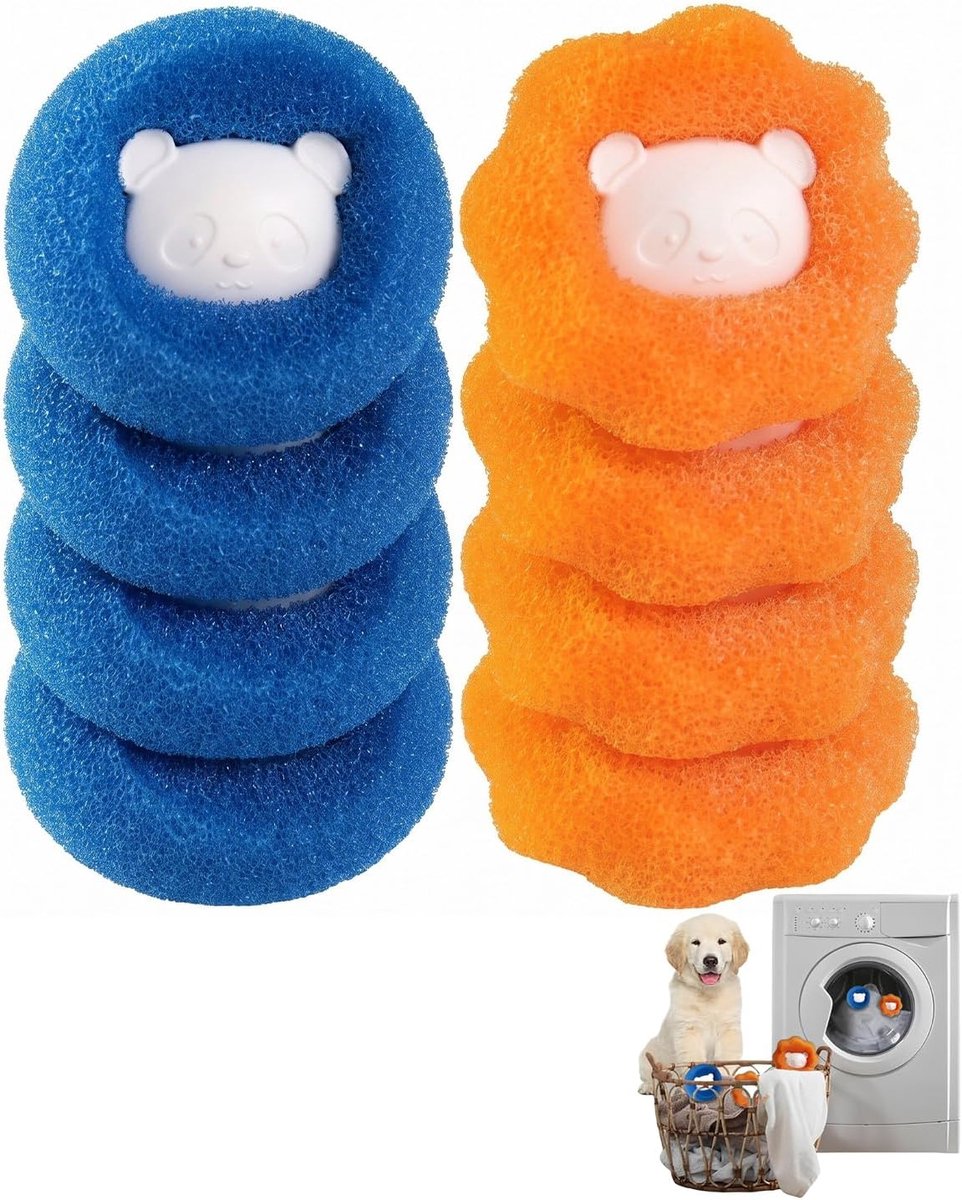 Wasmachine, 8 ballen voor haren (4 blauw, 4 oranje), vangt haren van honden en katten, beschermt delicate stoffen, intelligente wasoplossing zonder filtering