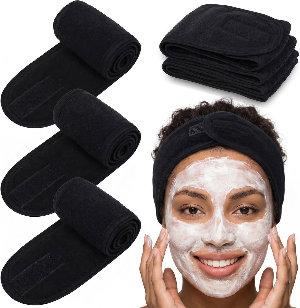 Hoofdband, badstof, cosmetische microvezel, haarband, make-up haarband, zachte badstof, verstelbaar, gezichtsreiniging, yoga, sport, 3 stuks (zwart)