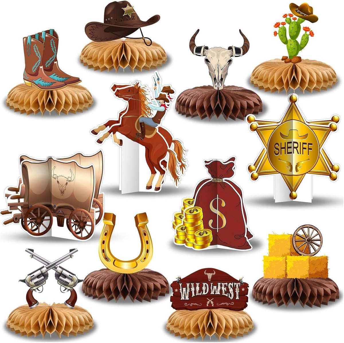 12 Stuks Western Cowboy Feest Versieringen Honingraatcentra - Dubbelzijdige 3D Tafeldecoraties Voor Wildwest Thema, Mijn Eerste Rodeo Verjaardag, Nashville