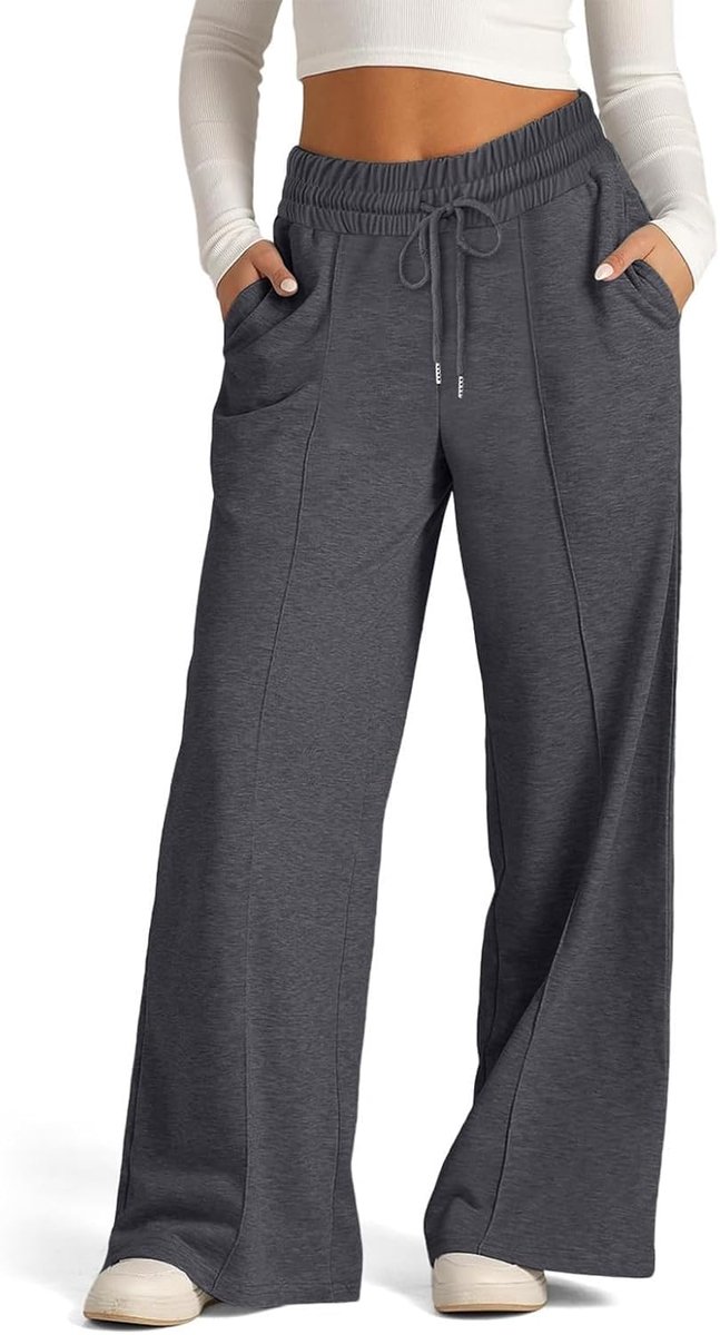 Trainingsbroek voor dames, brede sportbroek voor dames, licht, rechte joggingbroek, hoge taille, met zakken en trekkoord voor joggen, fitness, sport