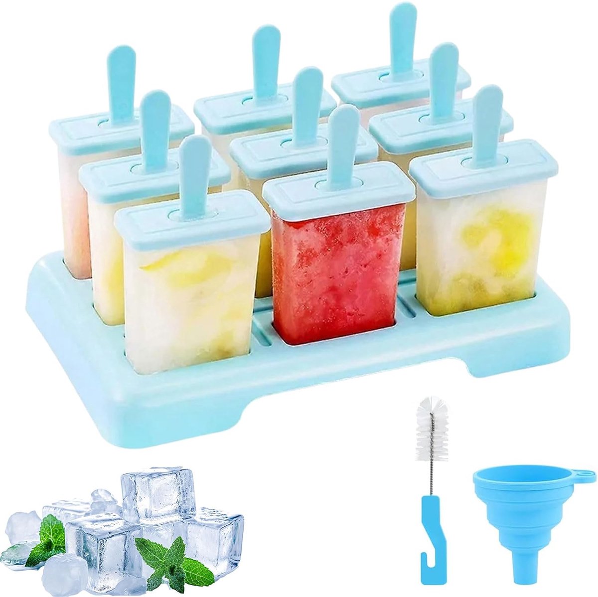Vormen voor Ijslolly's, 9 Gaten Ijslollyvorm, Ijsvormen met Stokjes, Herbruikbaar, met Reinigingsborstel en Een Trechter, voor Het Bereiden Van Ijslolly's, Ijsjes (Blauw)