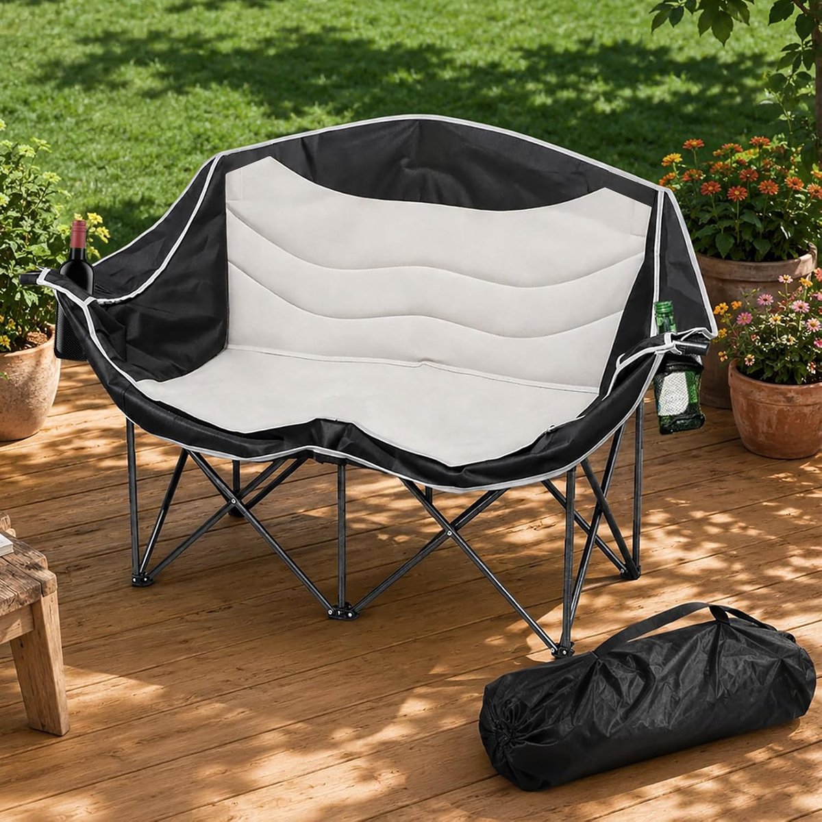 Inklapbaar, voor 2 personen, draagkracht 300 kg, gewatteerd, draagbaar, 2-zits, XXL, hoge rugleuning, voor buiten, tuin, balkon, binnen