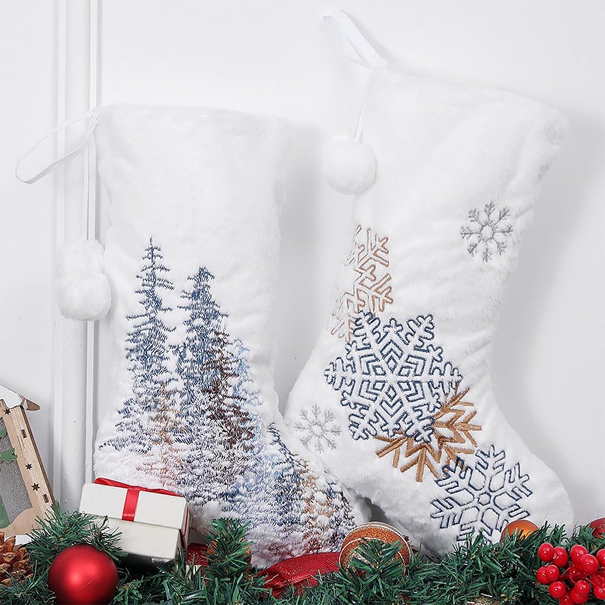 Kousen, set voor open haard, kerstboom, geschenkzak, kerstdecoratie voor thuis, motief: sneeuwvlok en bos, 46 cm