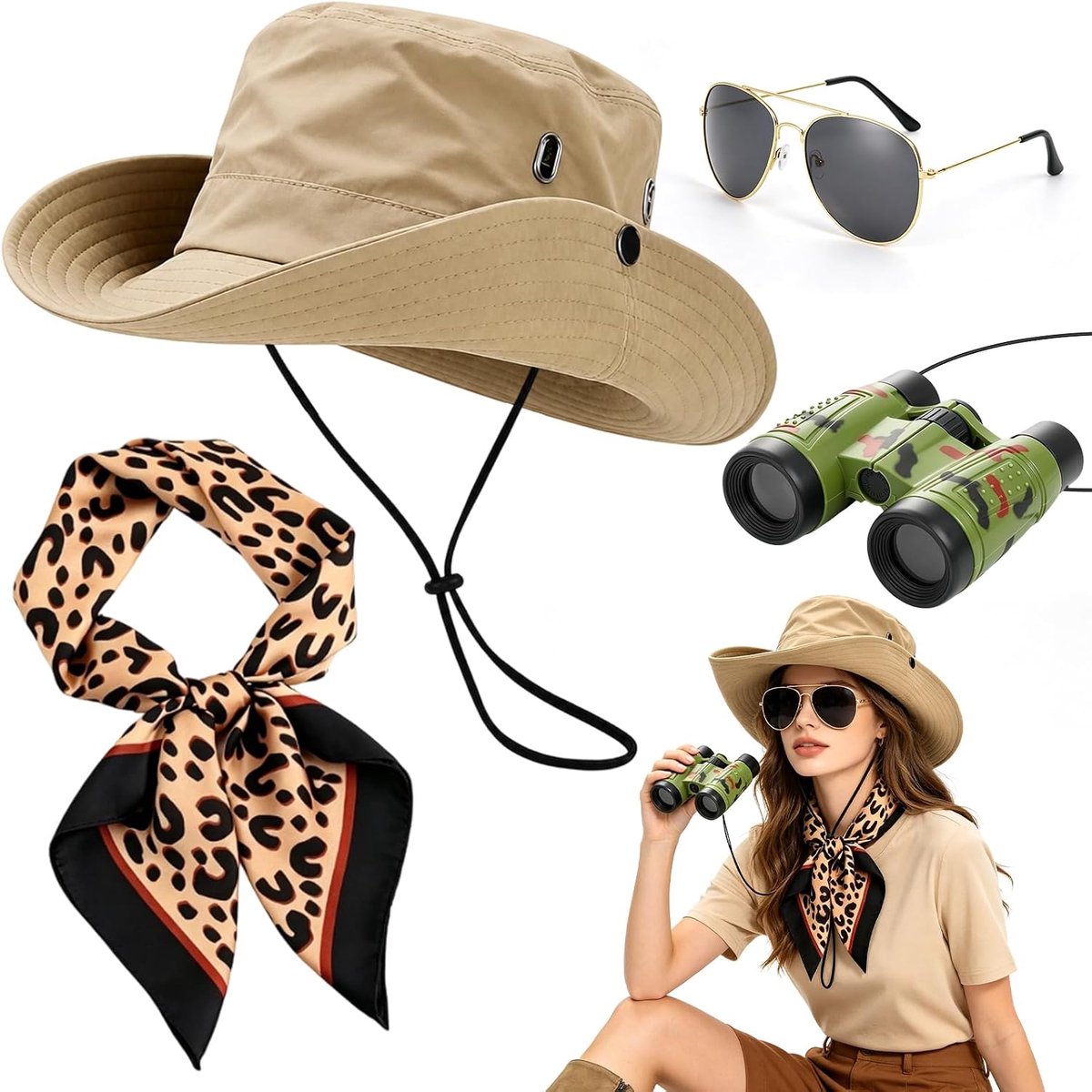 4Pcs Accessoireset voor Safari-Kostuum, Ontdekkingsreizigerskostuum, Unisex