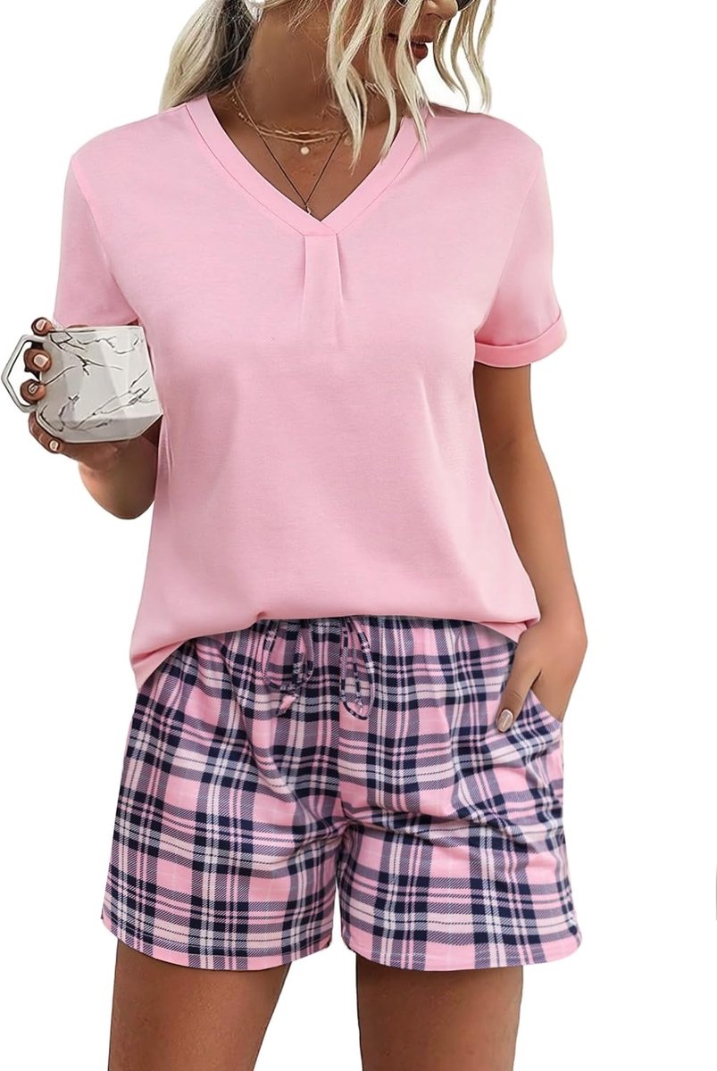 Pyjama dames korte katoenen pyjama zomer set nachtkleding korte mouwen loungewear sleepwear tweedelige V-hals elastische tailleband zakken rood XXL