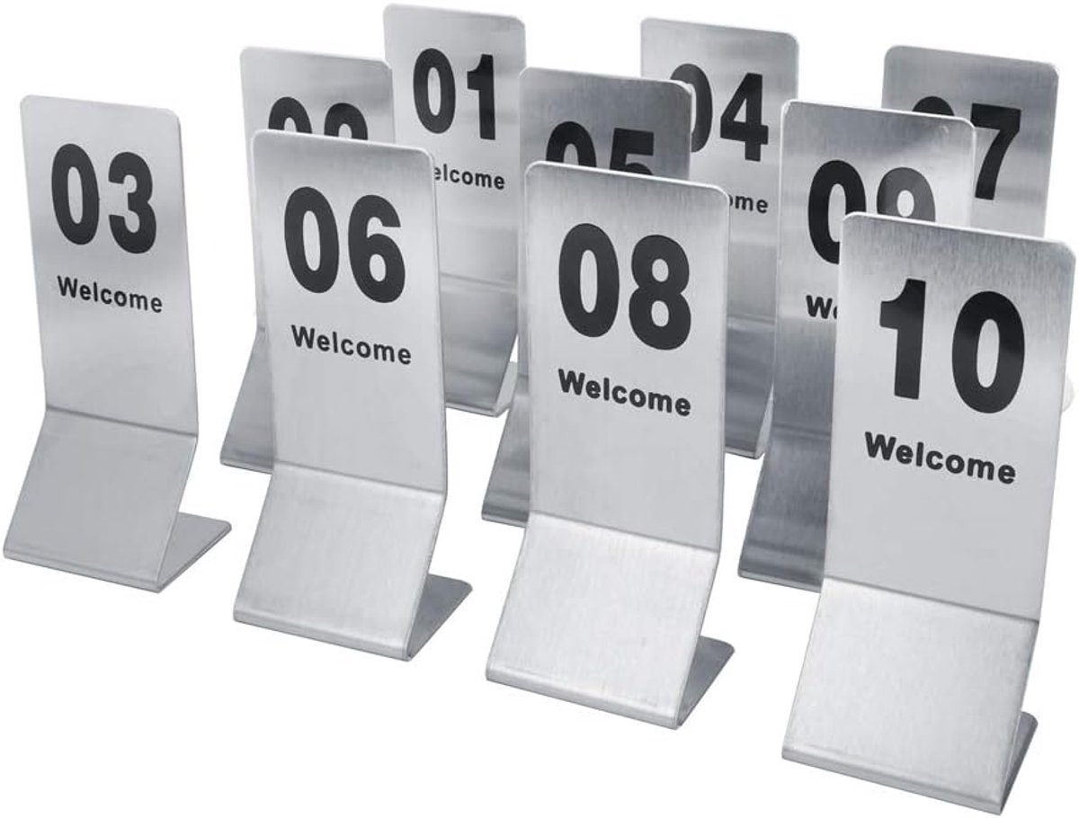 Verpakking van 10 tafelnummers, dubbelzijdig genummerd roestvrijstalen tafelbord, restaurant-bruiloftsplaatskaart voor evenementen, banketten, catering, decoratie voor bruiloftsbankettafels (1-10)