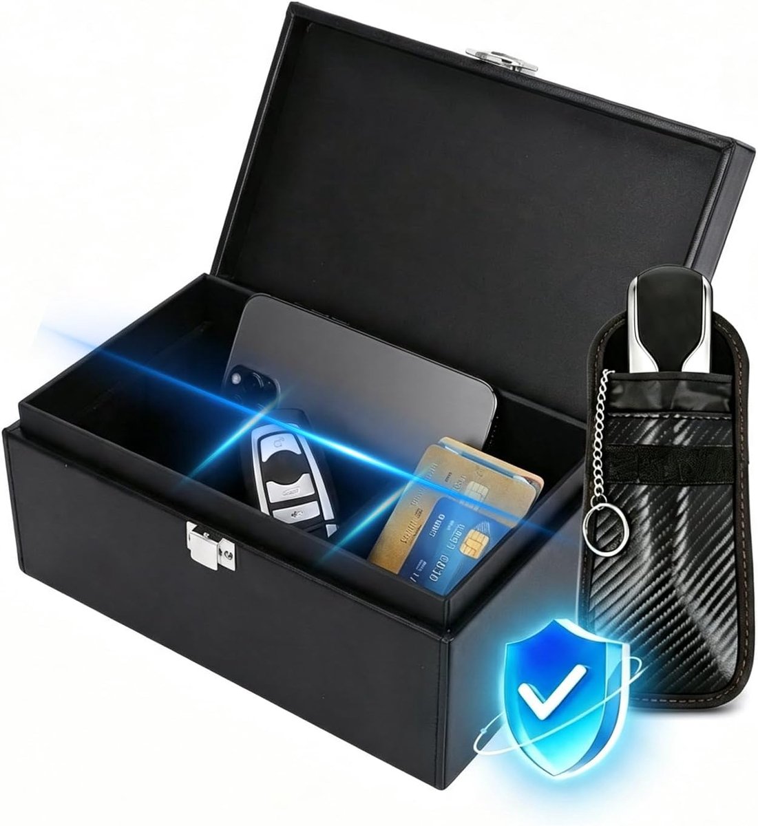 Box voor autosleutels, RFID-signaalblokkering met scheidingswand en PU-coating, Keyless Go afstandsbedieningen, diefstalbeveiliging, sleuteletui voor thuis en kantoor