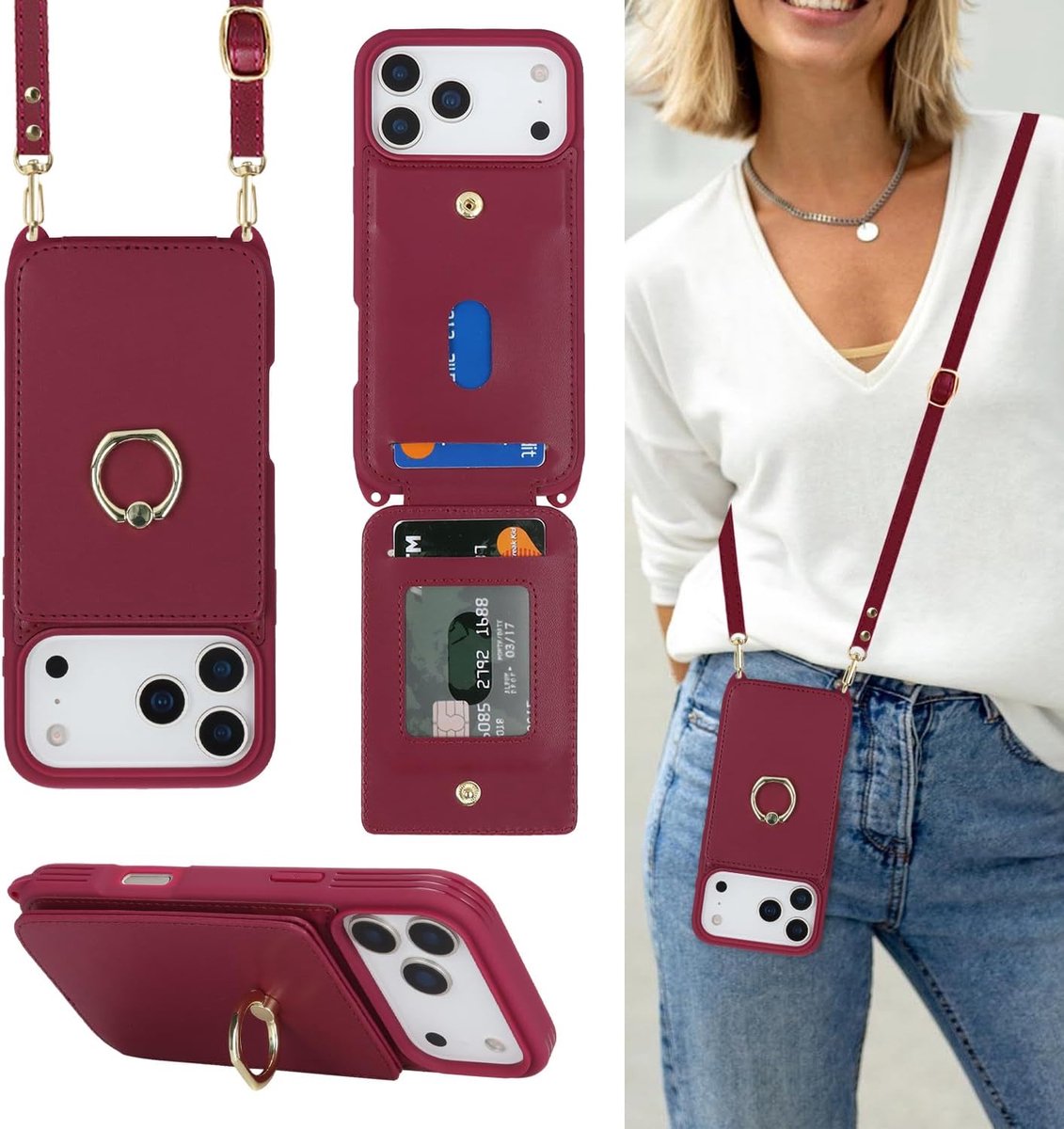 Telefoonhoesje, compatibel met iPhone 17 Pro, hoesje met kaarthouder met riempje, lederen portemonnee-hoesje met sleutelkoord, schokbestendige telefoonhoes met ringstandaard, voor iPhone 17 Pro