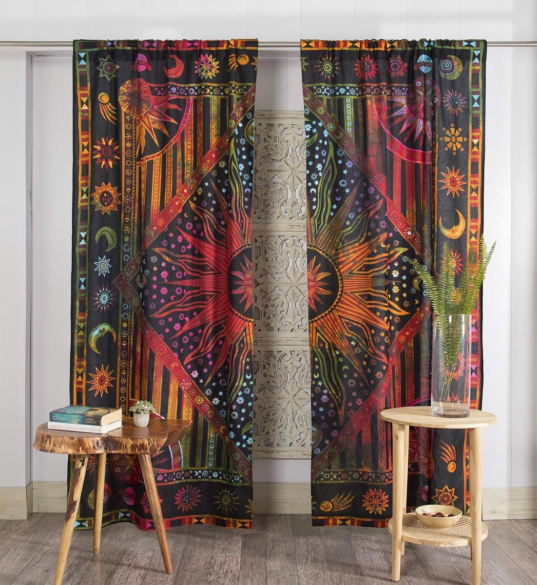 Handicrafts Indiase brandende zon hippie mandala raamgordijnen - zigeuner Tye Dye Boheemse zon maan mooi gordijn slaapkamer woonkamer balkon volant panelen goud