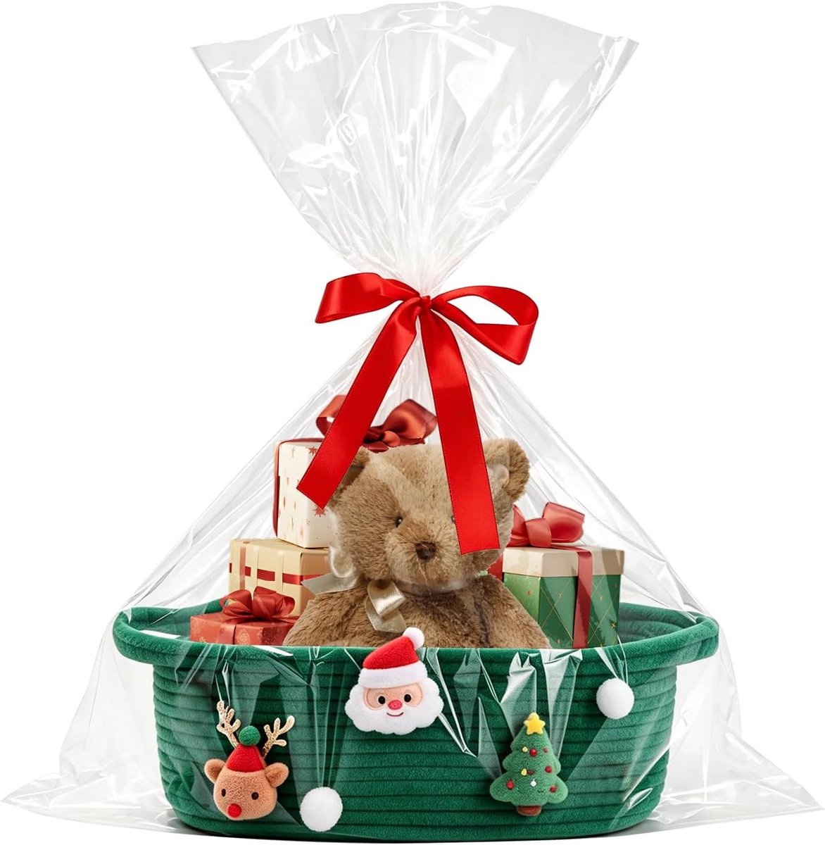 Leeg, 30 x 20 x 12 cm, katoenen touwmand met zakken en band, handvat, cadeaumand voor verjaardag, bruiloft, babyshower, herbruikbare opbergdecoratiemand voor thuis (groen)