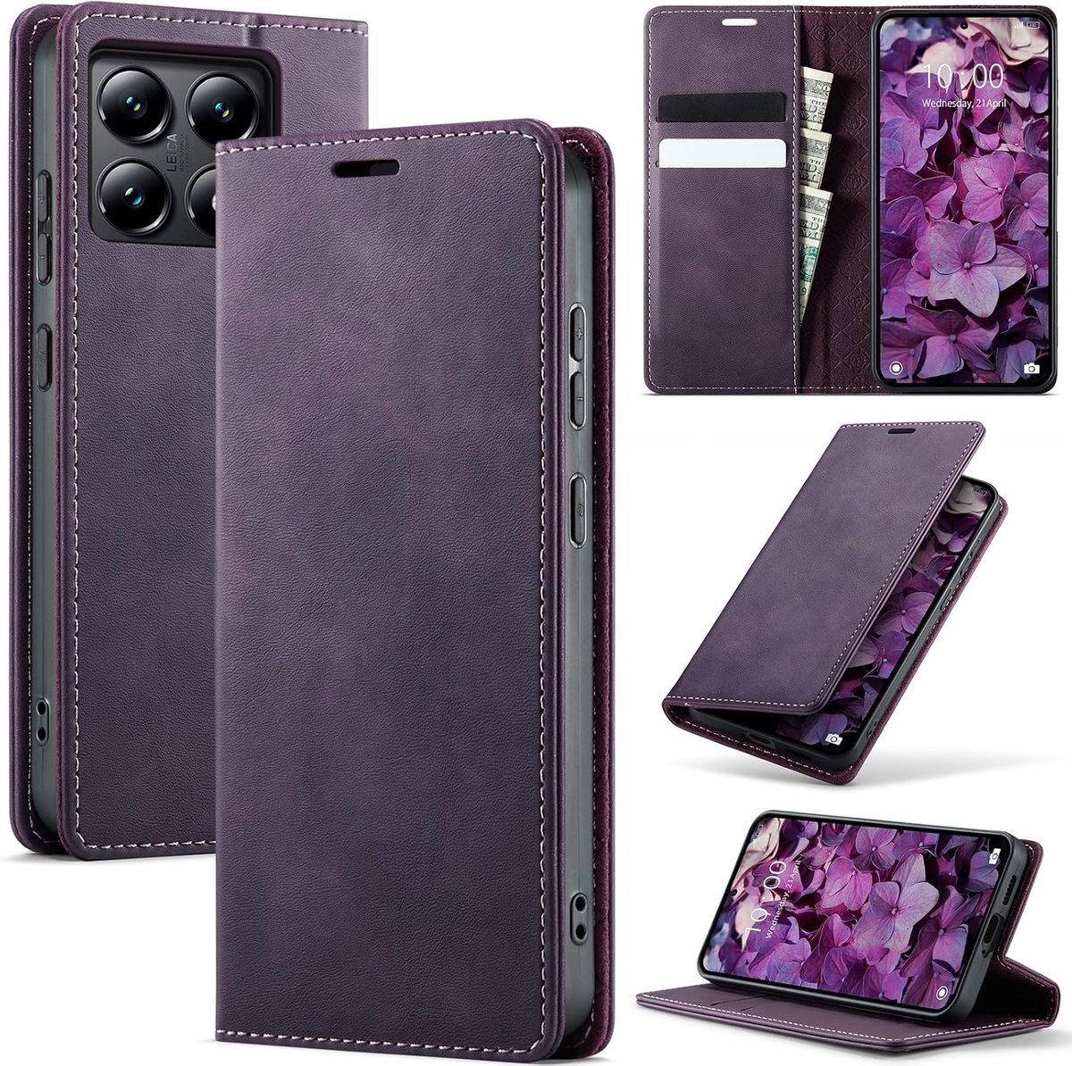 Hoesje voor Xiaomi 14T 5G, magnetische Flip case, opvouwbaar standfunctie Cover beschermhoes met kaartsleuf en portemonnee, leren hoes voor Xiaomi 14T, Paars