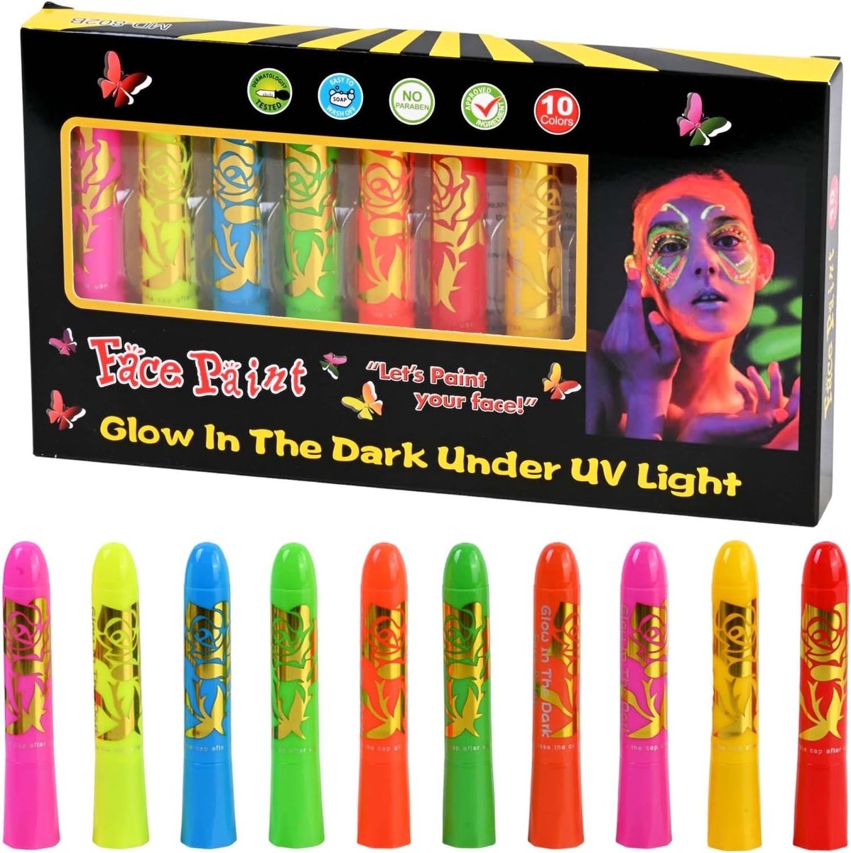 Kleurrijke UV Body Painting Set met 10 Neon Kleuren, Wasbare Make-up Pennen voor Feestjes, Halloween en Carnaval