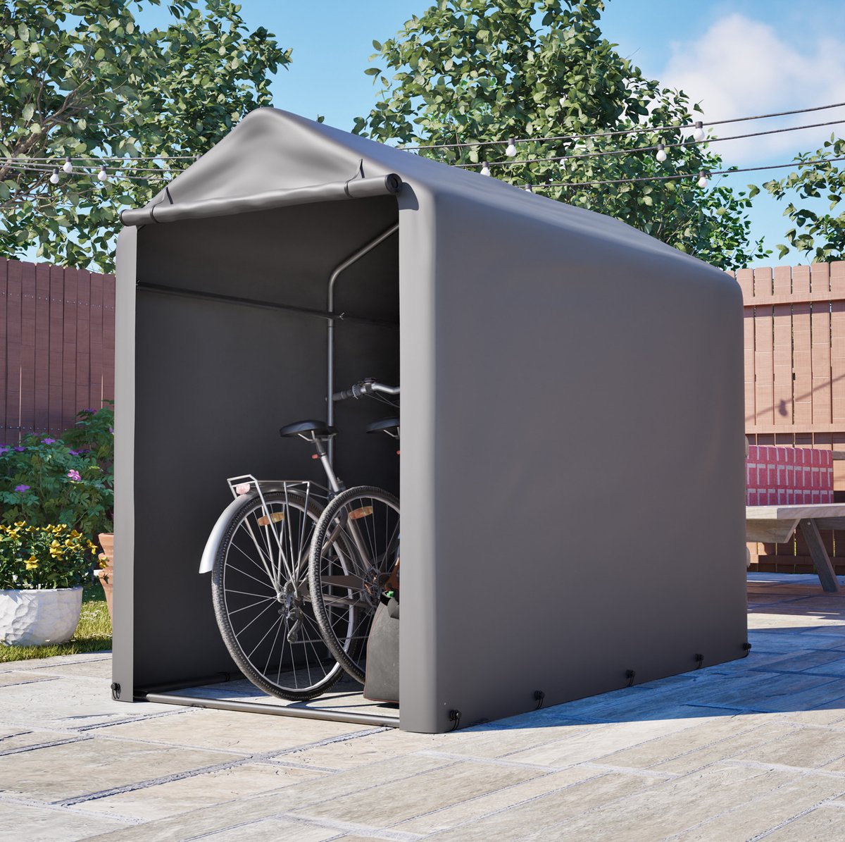 MEUNIQ fietsgarage en garagetent 187 x 100 x 160 cm met stalen frame, PE-zeil, ritssluiting en fundamentframe voor fiets en tuinopslag
