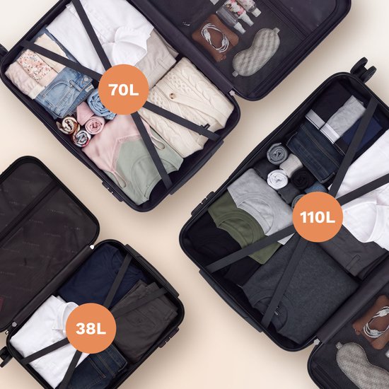 Binnenkant van drie open donkerblauwe TRVLMORE koffers, vol met kleding. Capaciteit: 38L, 70L, 110L.
