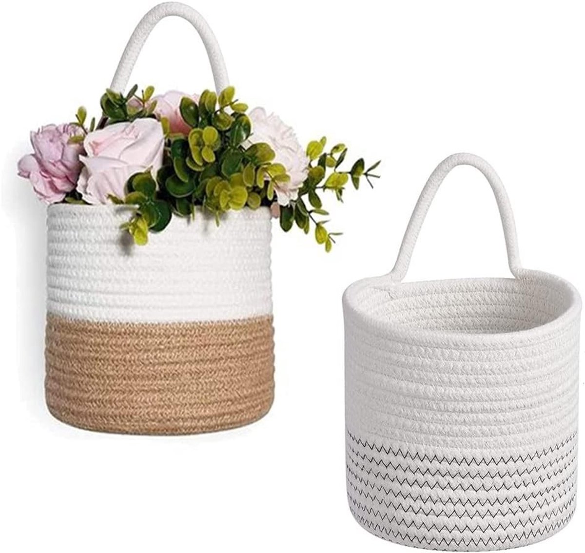 Set van 2 Geweven Katoenen Mandjes, Hangende Wandmanden voor Planten en Speelgoedopslag, Perfect voor Thuisdecoratie en Organisatie (18x19cm)