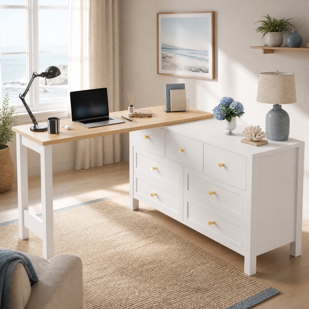 MEUNIQ draaibaar bureau 120 x 40 x 70 cm met 7 lades, 360° draaibaar tafelblad, L-vormig hoekbureau met opbergruimte, eikenlook en wit