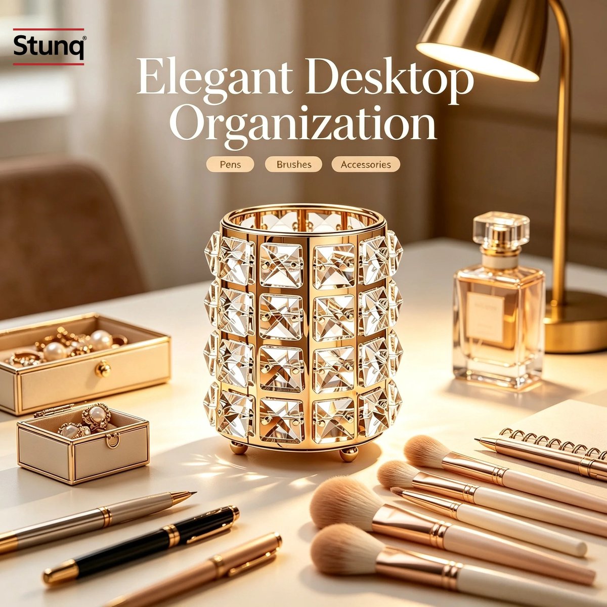 Stunq® Multifunctionele Make-upborstelhouder – Goudkleurige Acryl Organizer met Antislipvoetjes