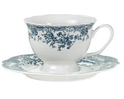Bricard Fleury - Vintage Koffieset - 12-delig - Blauw/Wit - 225ml - Porselein - Koffie Kopjes en Schoteltjes