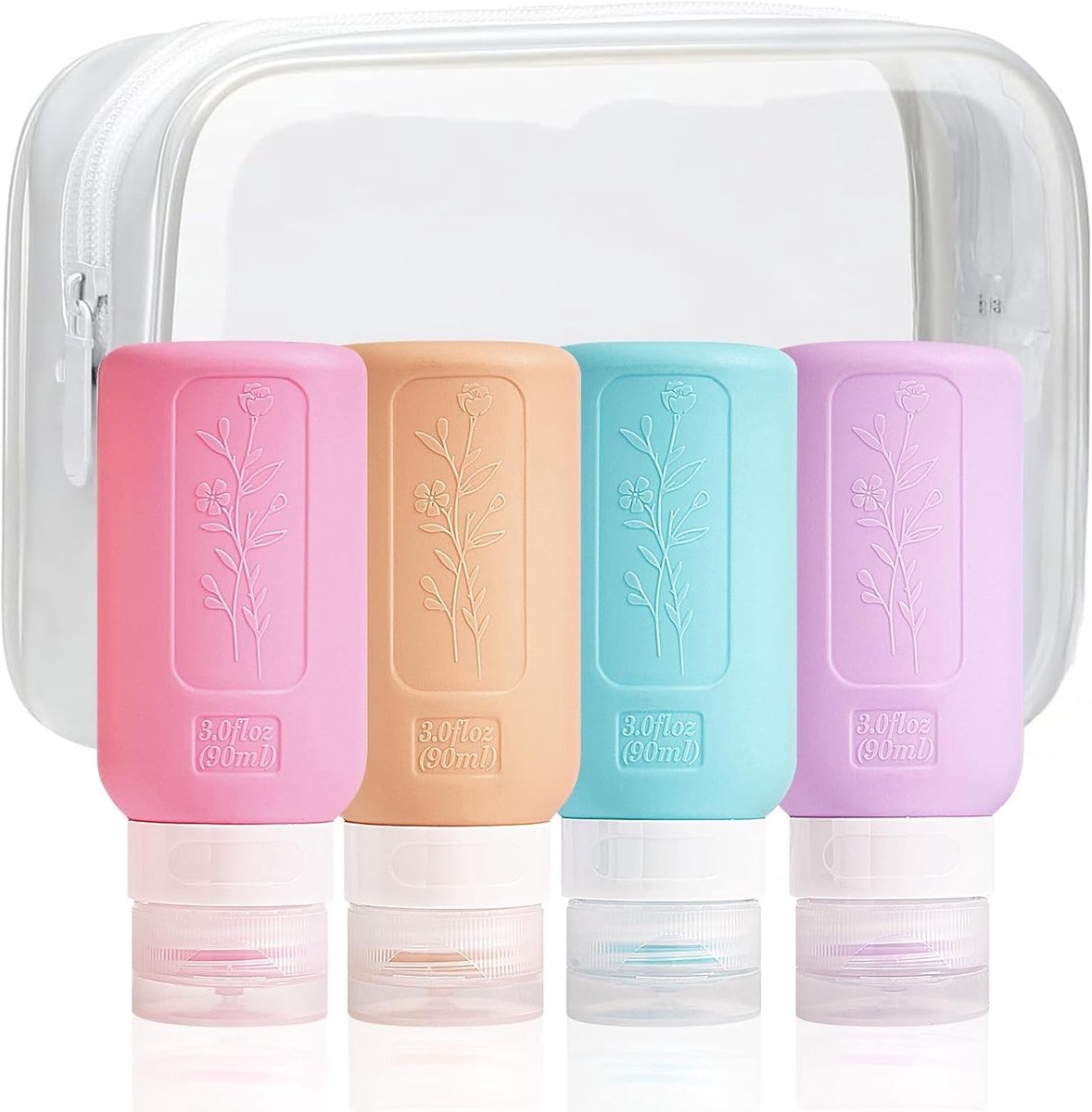 Reisfles, 90 ml BPA-vrije lekvrije navulbare knijpbare containers set met label en transparante draagtas voor vloeibare shampoo, zeep en toiletartikelen - 4 stuks