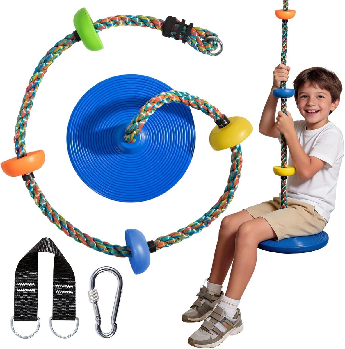 Klimtouwschommel, kinderschommel voor buiten, met frisbee-zitting, geschikt voor tuin en binnenplaats, in lengte verstelbaar, kleurrijke uitvoering, 1,9 meter lang (blauw)