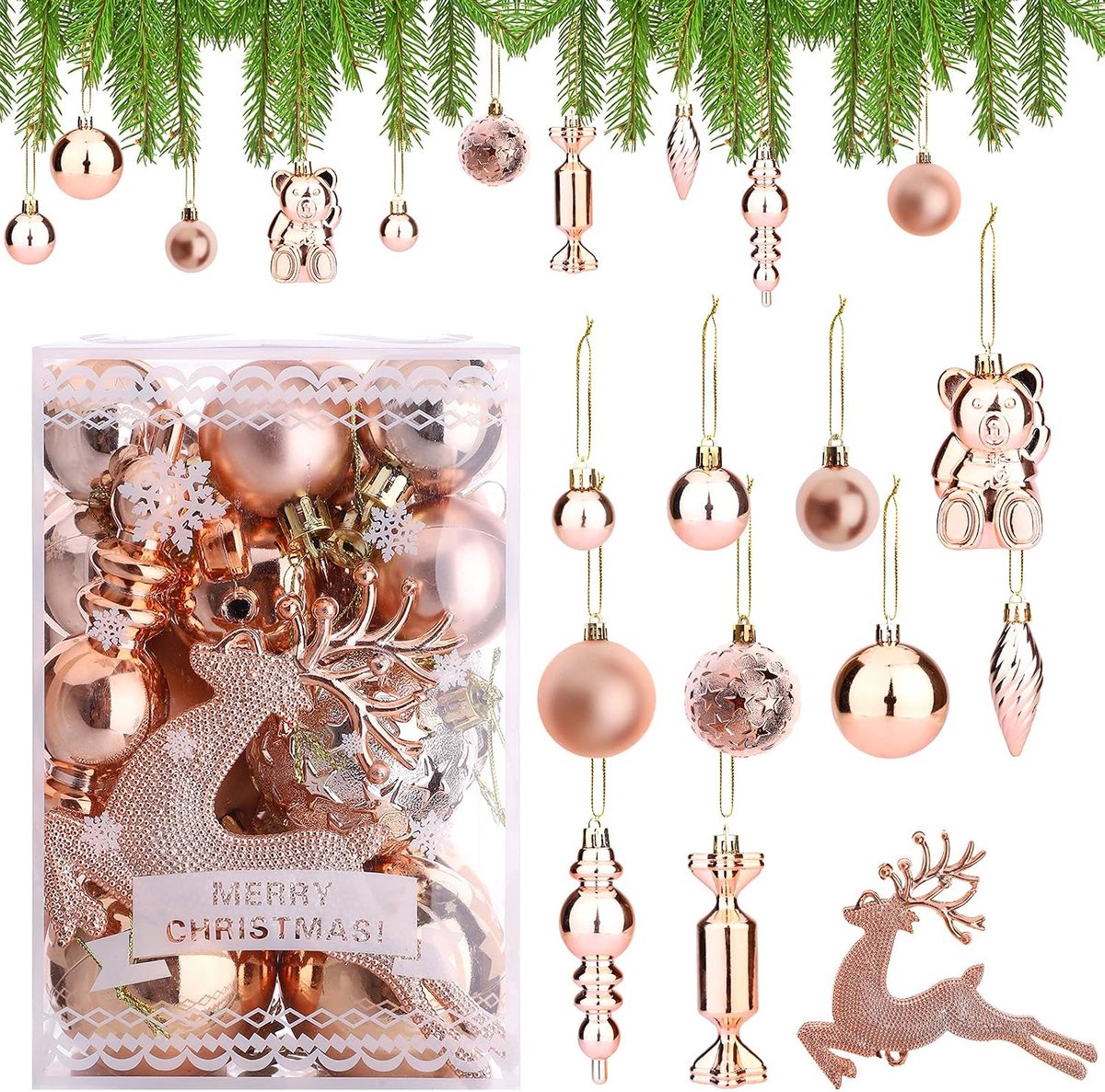 Kerstballen, 30 stuks, roségouden kerstballen, onbreekbare kerstballen, 3 cm, 4 cm, 6 cm, kerstboomdecoraties, kerstballen, hangende kerstbal voor festival, bruiloft, feestdecoratie
