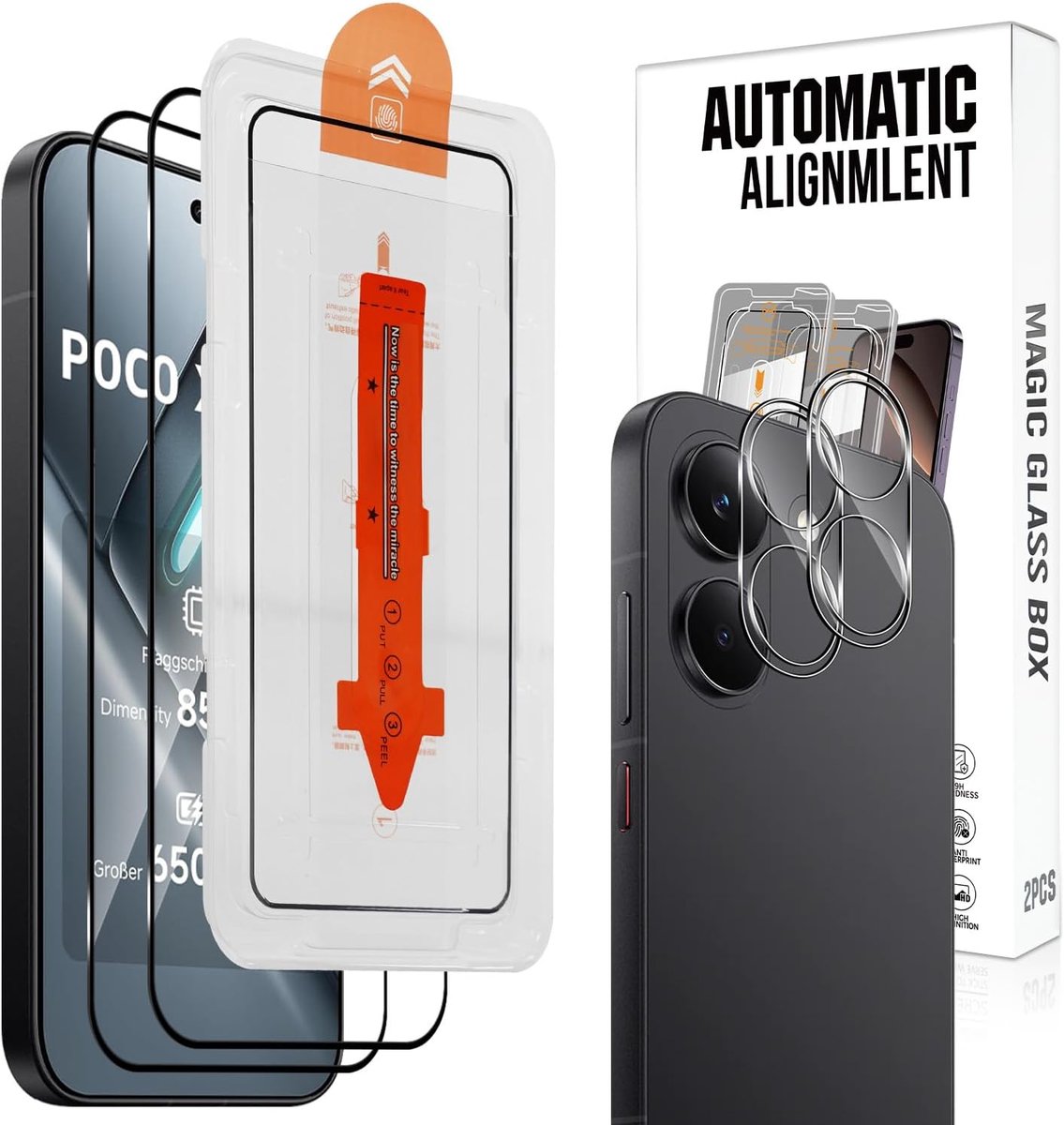 Beschermglas voor Xiaomi Poco X8 Pro, met camerabeschermfolie, 9H, auto-installatie, volledig scherm, schokbestendig, krasbestendig, anti-luchtbellen, 2 + 2 stuks