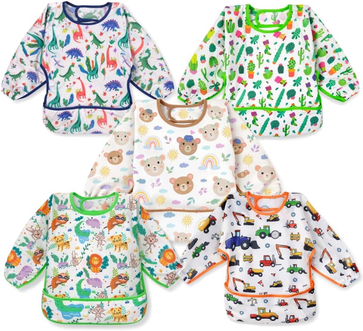 Verpakking met 5 waterdichte baby-slabbetjes met mouwen en voedselverzamelaar