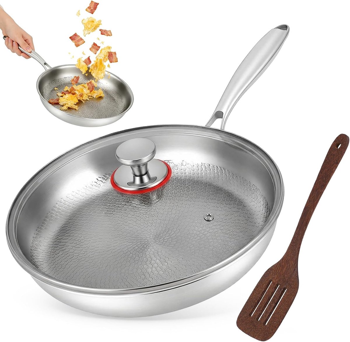 Pan, 28 cm, titanium pan met deksel voor antiaanbaklaag, titanium pan anti-aanbaklaag, titanium spatel set, krasbestendig, met alle soorten fornuizen om te koken