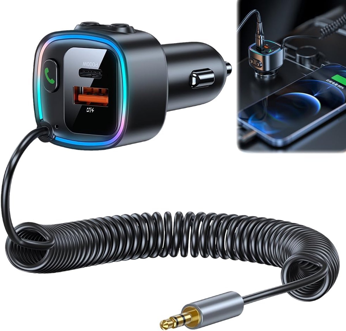 Bluetooth Adapter Auto Aux, 5.4 Bluetooth Aux Adapters, Adapter Auto Zigarettenaansteker, met 90 cm verlengsnoer, 3,5 mm AUX audio-aansluiting, met PD 30W & QC 12W snelladen