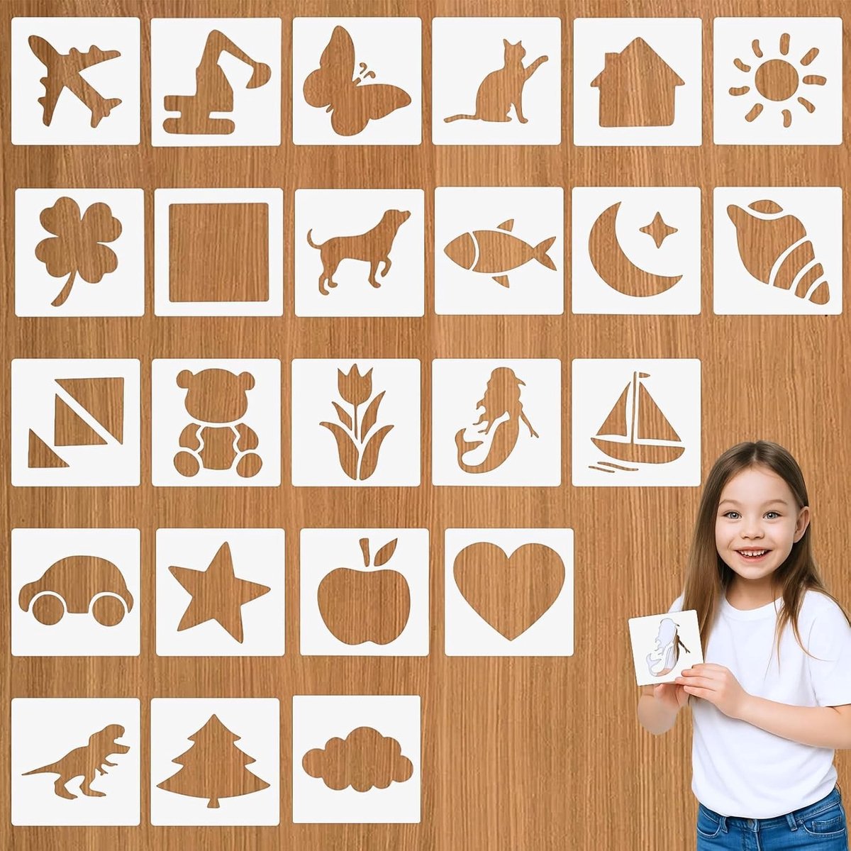 Set van 24 herbruikbare sjablonen voor kinderen, ideaal voor schilderen, tekenen en knutselen met dieren, voertuigen en natuurthema's