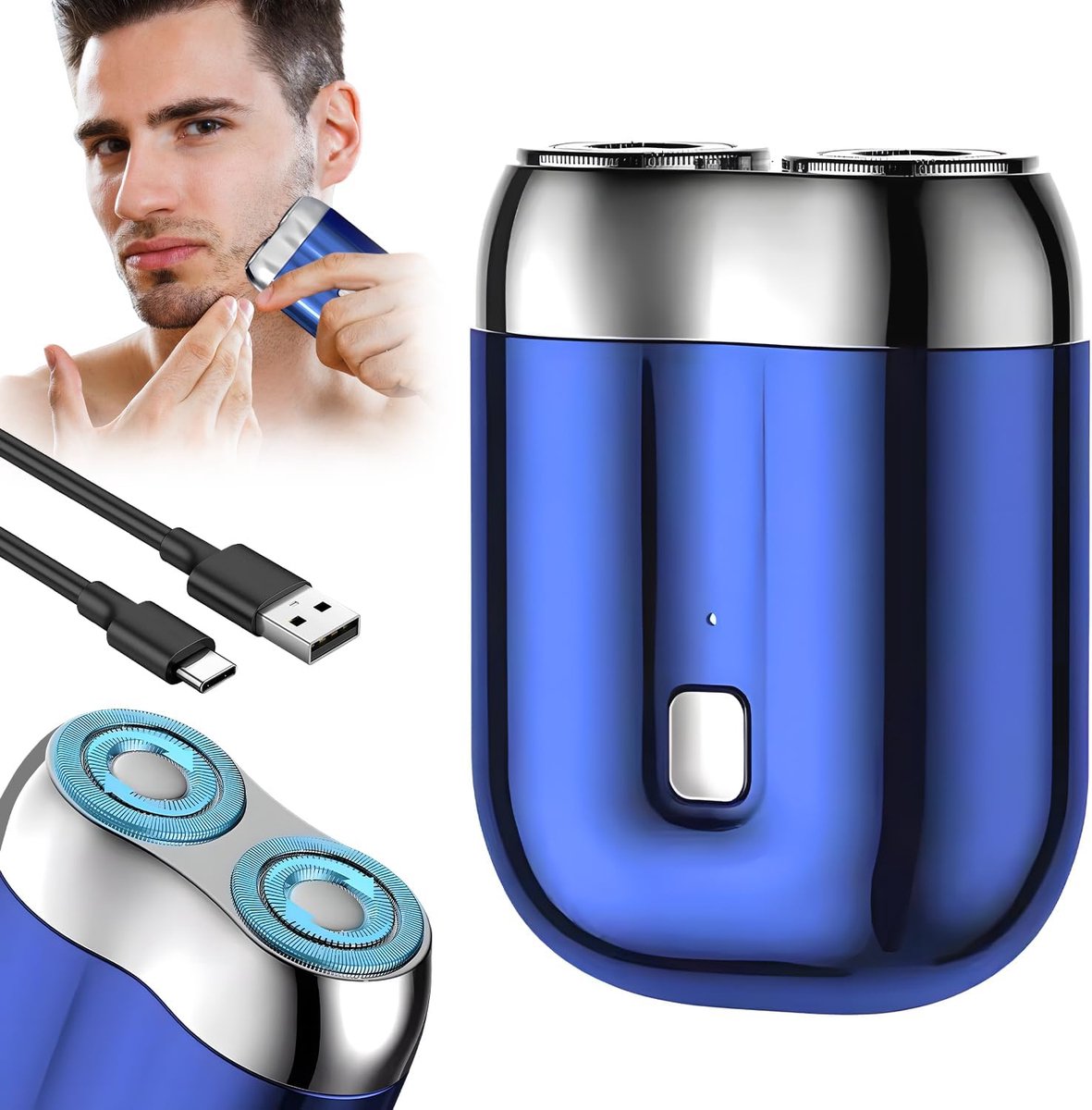 Mini elektrisch scheerapparaat met dubbele kop - draagbaar elektrisch scheerapparaat voor mannen, USB oplaadbaar, draadloos, waterdicht, baardtrimmer voor in de zak met één knop voor openen en drogen, ideaal cadeau voor thuis en op reis