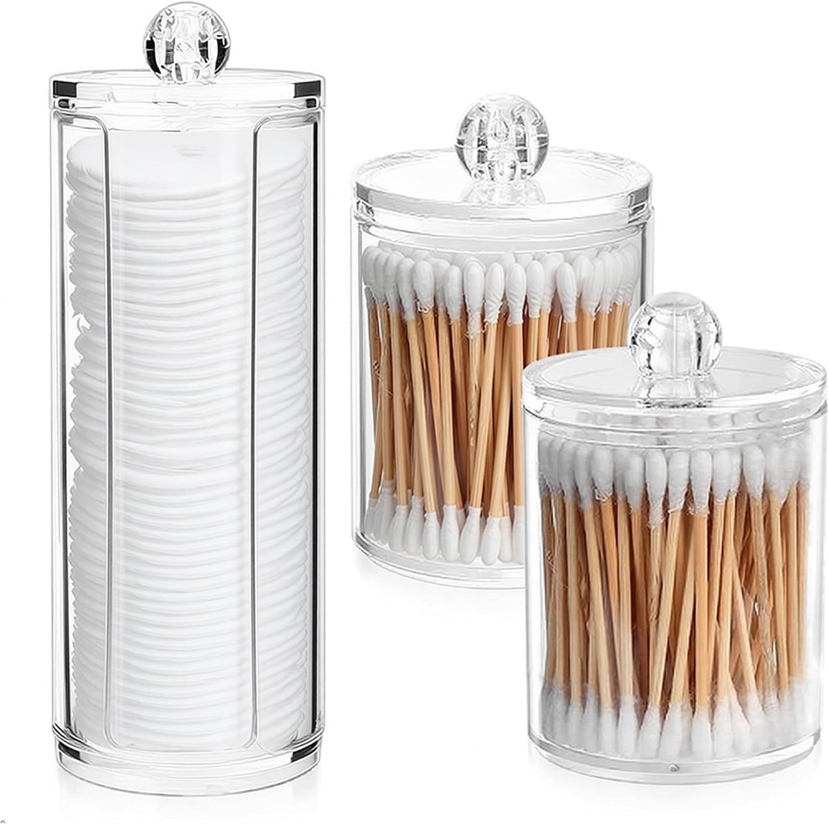 Set van 3 Opbergdozen voor Wattenstaafjes en Make-up Verwijderpads met Transparant Deksel - Badkamer Organizer voor Make-up, Sticks en Slaapkameraccessoires