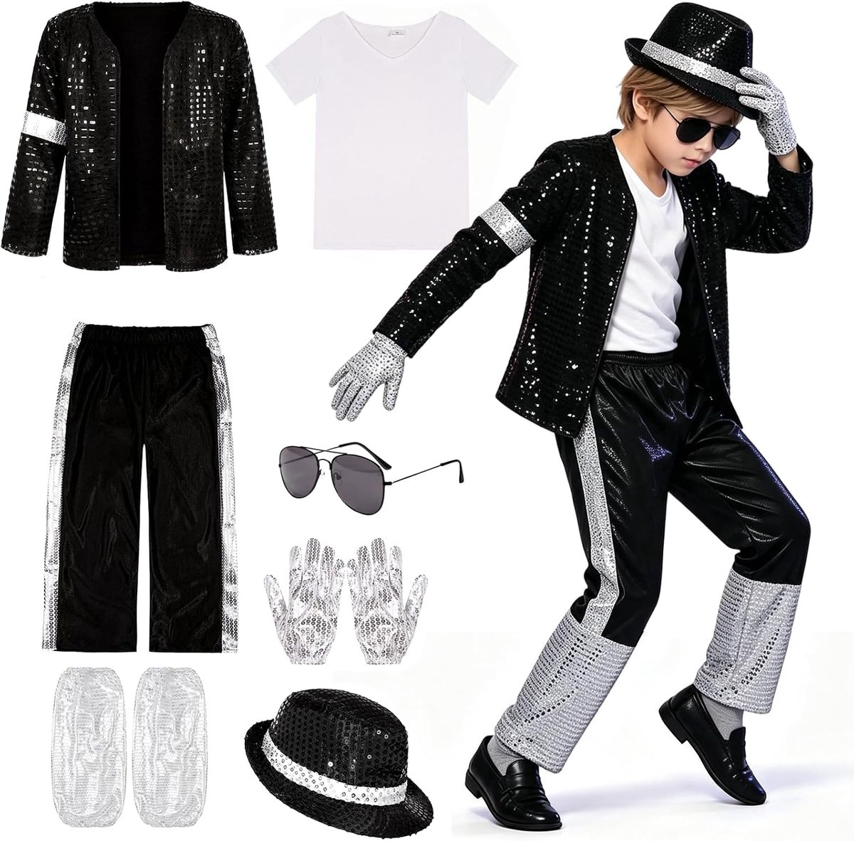 Kostuums voor kinderen, 7-delige set, jaren '80, retrokostuum, inkt, paillettenjas, gestreepte broek, hoed, zonnebril, handschoenen en T-shirt, jaren '90 outfit voor Halloween