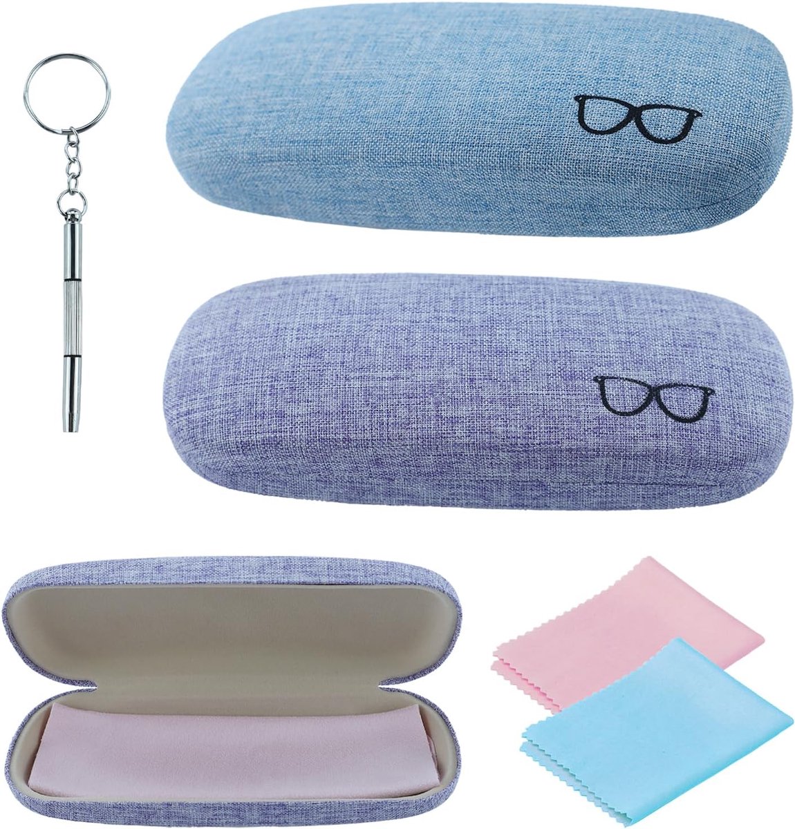 2 stuks brillenkokers, hardcase, krasbestendige brillenkoker, PU-leer, hardcase met poetsdoek, draagbare brillenkoker voor dames, heren en kinderen, bril voor zonnebril, leesbril, met 1