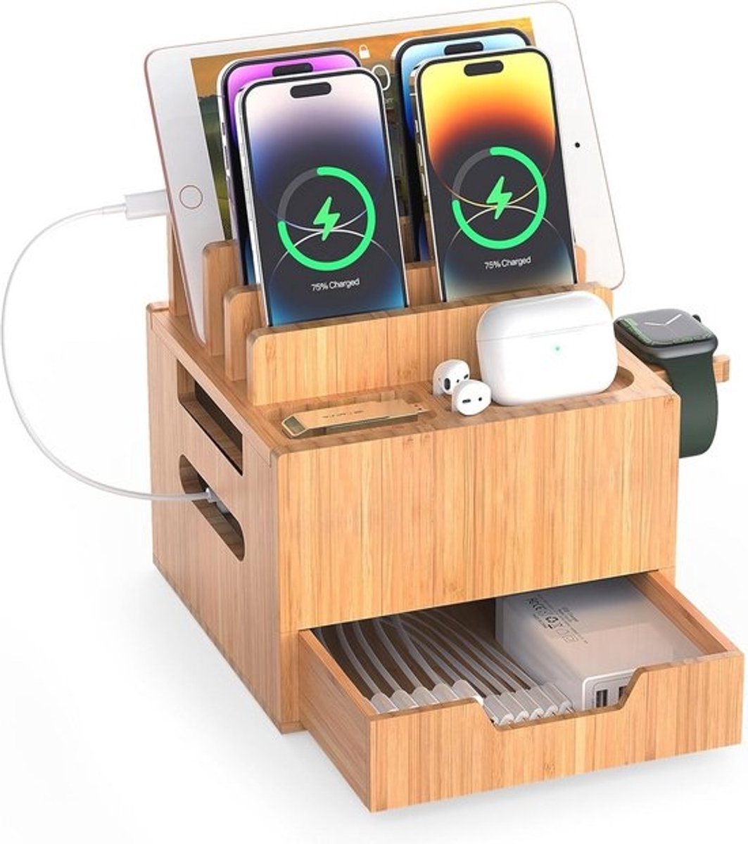 Bamboe Oplaadstation voor Meerdere Apparaten – Organizer voor Telefoons en Horloges