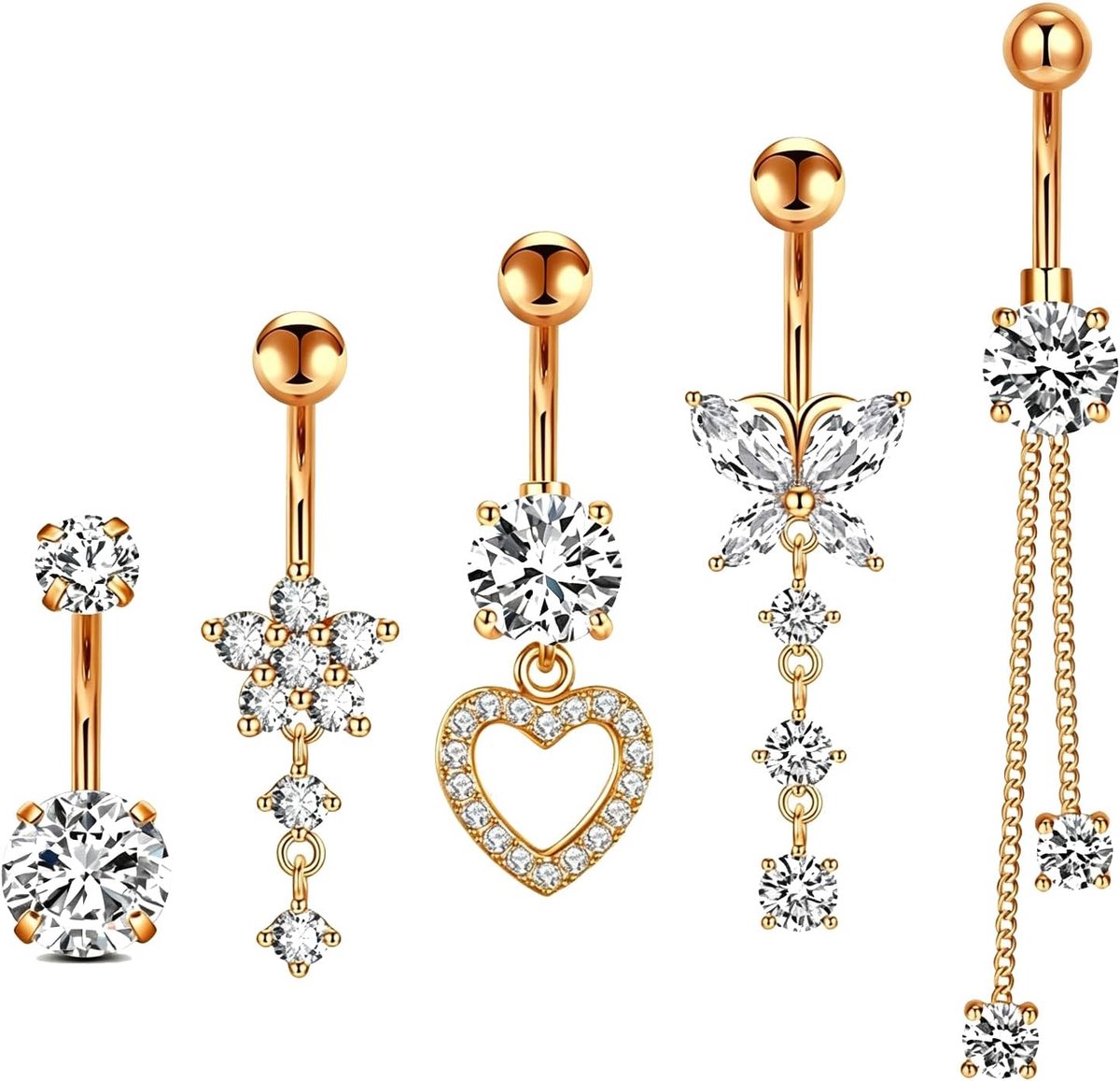 Set van 5 navelpiercings van roestvrij staal met hangende bedels (bloem, strik, hart, kwastje) – cadeau voor vrouwen en meisjes