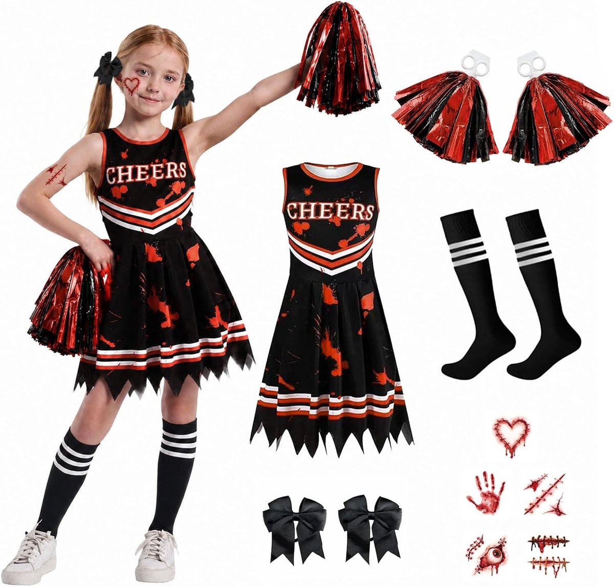 Halloween Cheerleader Kostuum voor Kinderen van 110-150 cm met Accessoires en Feestelijke Details