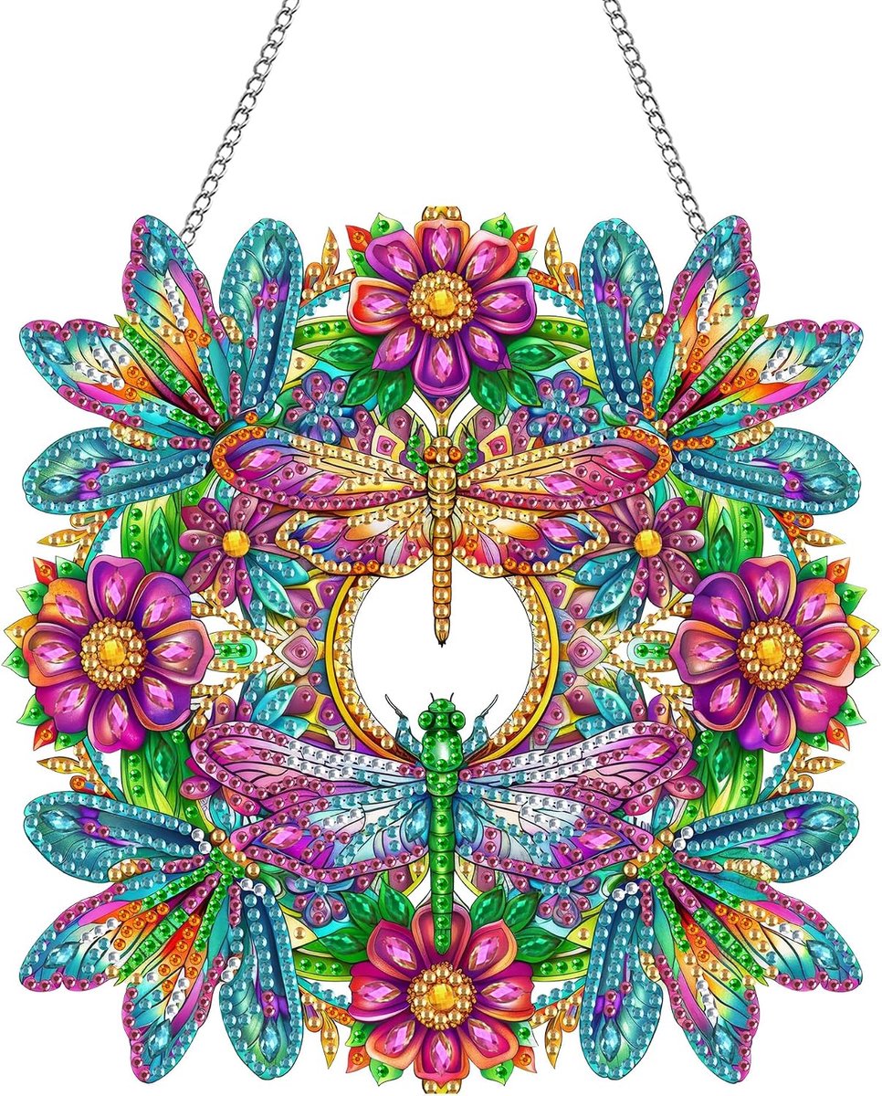 Libel Diamond Painting Hanger met Ketting,Bloem Diamond Painting Raamafbeeldingen, Wandophangkits voor Veranda, Raam, Muur, Tuin, Decoratie 20 x 20 cm(Libel)