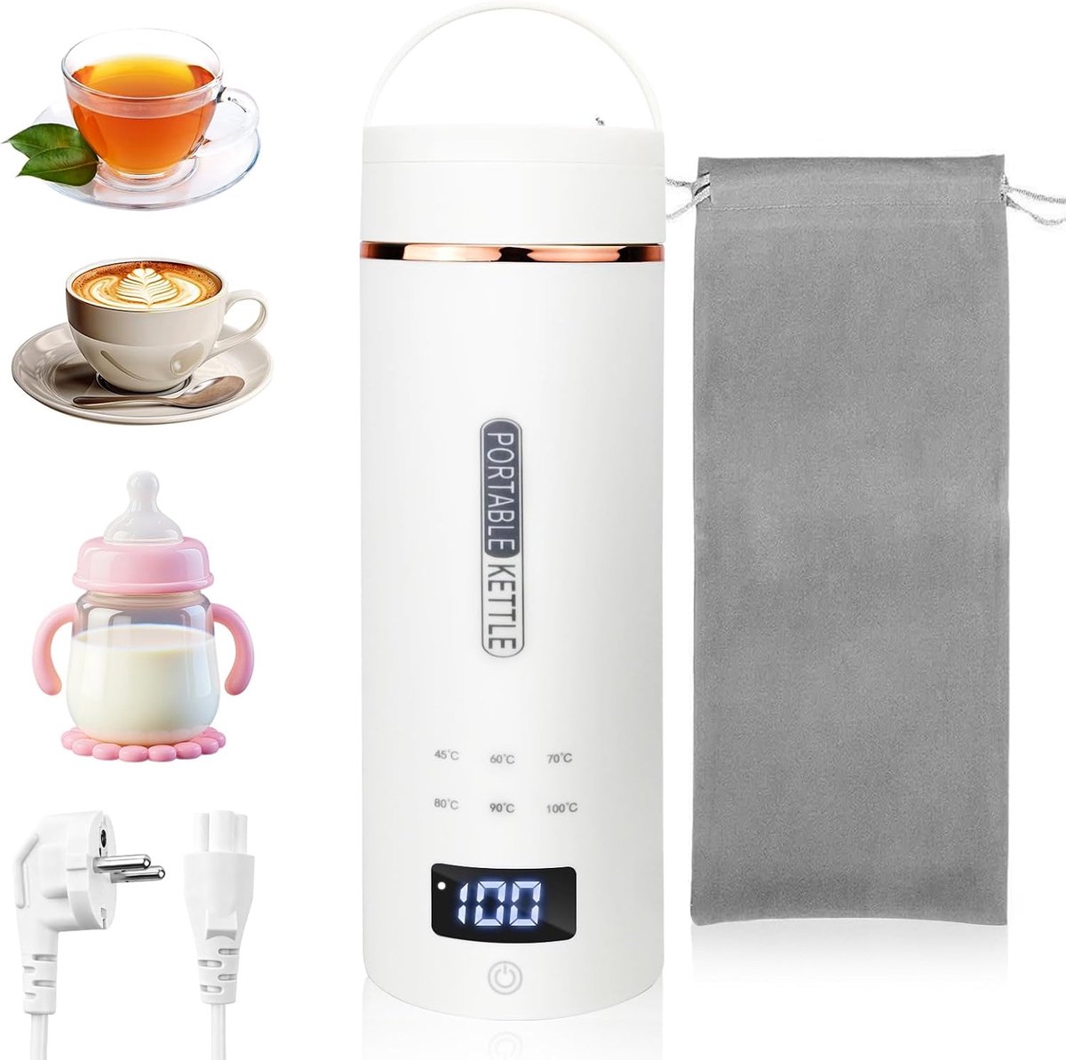 Klein, 450 ml, 6-in-1 reiswaterkoker met temperatuurweergave, draagbare elektrische waterbeker, 316 roestvrijstalen voering, automatisch sluiten voor thee, koffie, babymelk (beige)