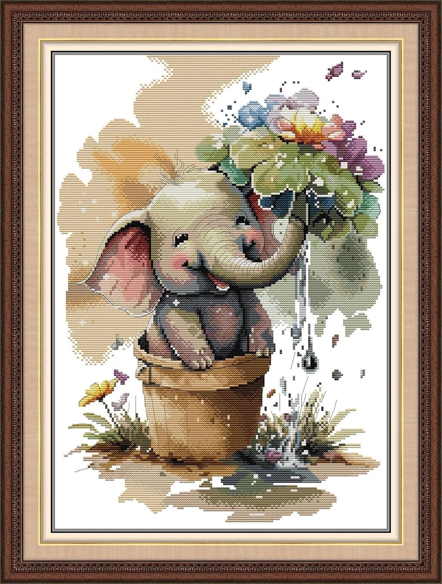 Artcici Voorgedrukte ondeugende olifant kruissteek kits voor beginners, 11 ct doe-het-zelf borduurset met gesorteerde draden gestempeld patronen handwerkbenodigdheden (44 cm x 60 cm)